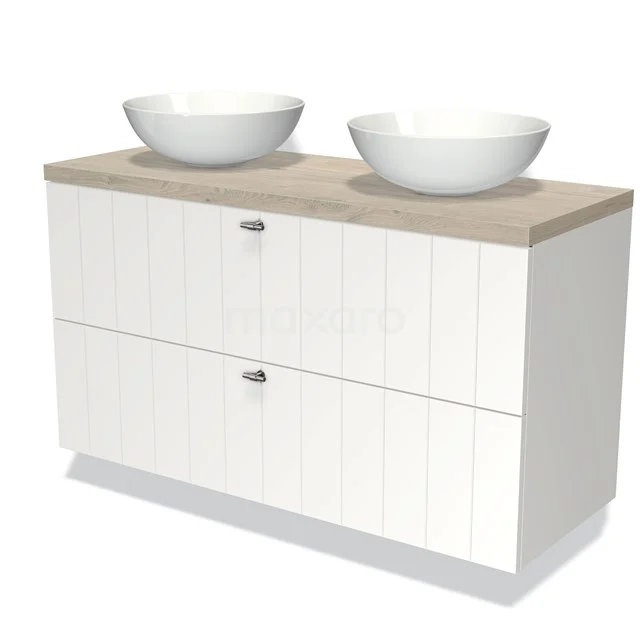 Weißes Badezimmermöbel mit Holzlook Platte, doppeltem Aufsatzwaschbecken und zwei Schubladen, ideal für stilvollen und funktionalen Badezimmerraum.