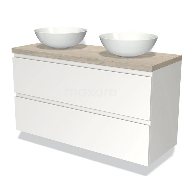Weißes Badezimmermöbel mit Naturholzplatte, zwei runden Aufsatzwaschbecken und Softclose-Schubladen, modernes Design für jedes Badezimmer.