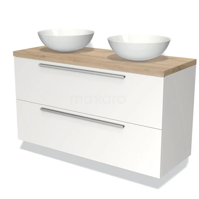 Wit badkamermeubel met houten blad, twee ronde wastafels en aluminium handgrepen; modern design voor een stijlvolle badkamer.