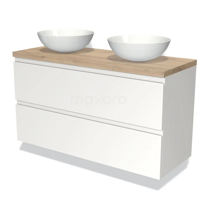 Weiße Badmöbel mit zwei runden Aufsatzwaschbecken und Holzplatte, schlankes Design für moderne Bäder.