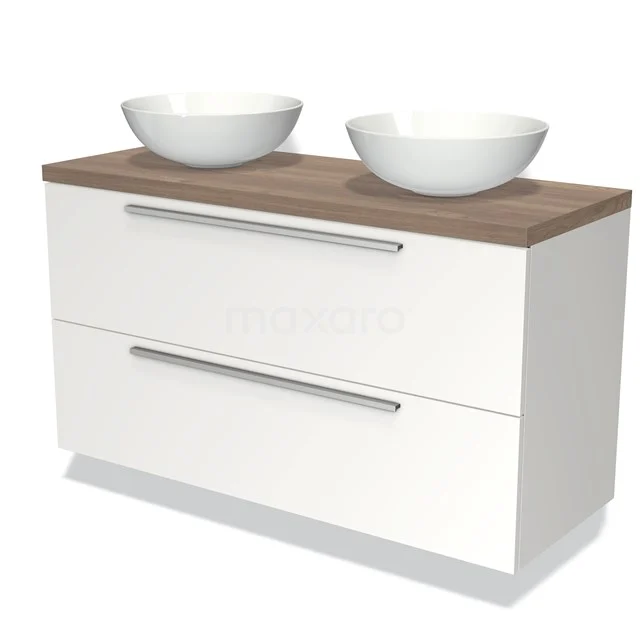 Wit badkamermeubel met twee ronde waskommen, houtlook blad en dubbele lades, ideaal voor moderne badkamers.
