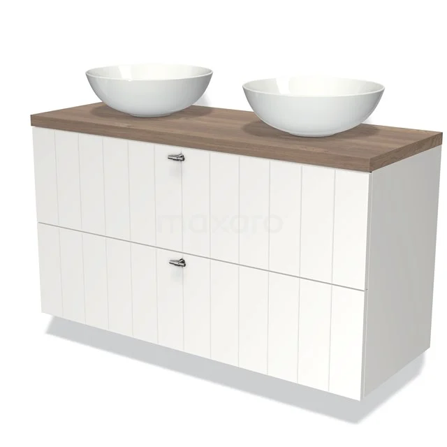 Badmöbel mit Aufsatzwaschbecken 120cm Modulo Plato Matt Weiß 2 Schubladen Laminat Mittelbraune Eiche Platte BMK17-00751 Weiße Badmöbelset mit Holzlook Platte und doppeltem Aufsatzwaschbecken, modernes Design mit vertikalen Rillen in den Schubladen.