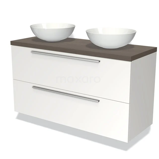 Weißes Badezimmermöbel mit zwei runden Aufsatzwaschbecken, hölzerner Platte und Aluminiumgriffen, ideal für ein modernes Badezimmer.