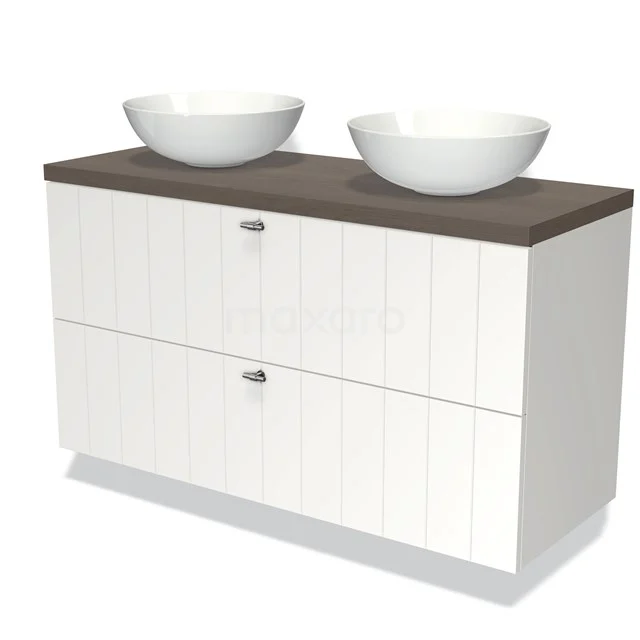 Weißes Badezimmermöbel mit Holzlook Platte, zwei runden Aufsatzwaschbecken und vertikalen Linien auf den Schubladen, modern und stilvoll.