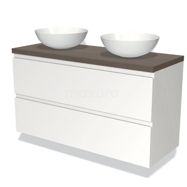 Modulo Plato Vanity units for countertop basin | 120 cm Matte white Handle-less front Dark brown oak worktop 2 Stacked drawers BMK17-00755