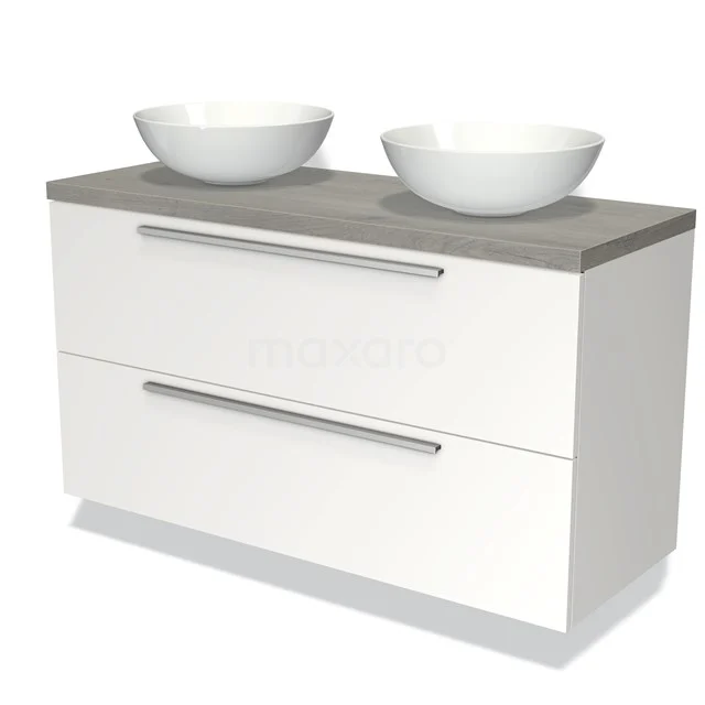 Weiße Badmöbel mit zwei keramischen Waschbecken, graue Platte und geräumige Schubladen, modernes Design.