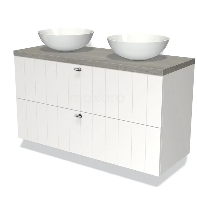 Waschtischunterschrank mit Konsole 120cm Modulo Plato Matt Weiß 2 Schubladen Leiste Graue Eiche Platte BMK17-00757 Weißes Holz-Badmöbel mit grauer Platte und zwei runden Aufsatzwaschbecken, ideal für eine moderne Badezimmer Einrichtung.