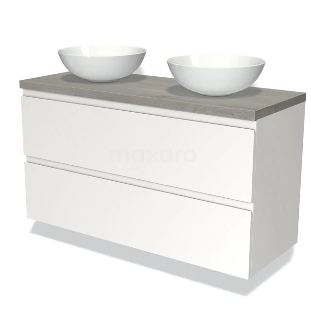 Wit badkamermeubel met dubbele ronde wastafels en grijze top, modern ontwerp, ideale opbergoplossing voor de badkamer.
