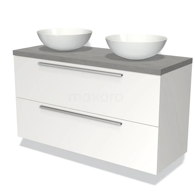 Weißes Badmöbel mit zwei runden Waschbecken, graue Platte und integrierten Schubladen; modernes Design für ein stilvolles Badezimmer.