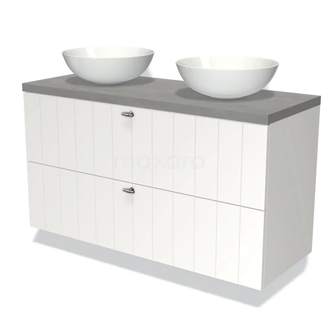 Weißes modernes Badezimmermöbel mit Holzmaserung, grauer Platte und Doppelwaschbecken; stilvoll und funktional für jedes Badezimmer.