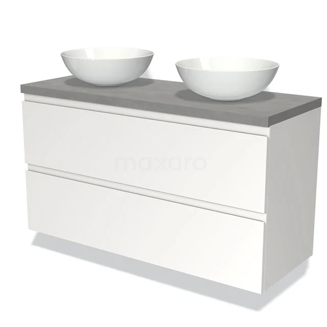 White double bathroom unit with two top washbasins and a grey top plate, modern design and sleek drawers.