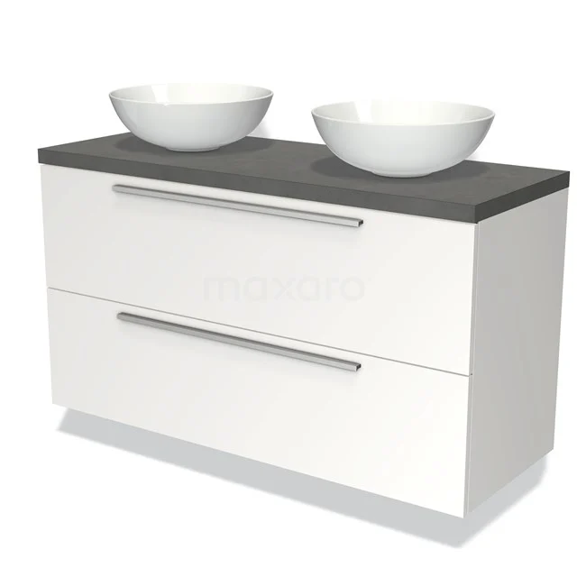 Wit dubbel badkamermeubel met grijs werkblad, twee ronde wastafels en zilveren handgrepen, modern design.