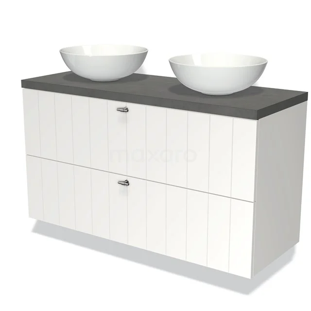Badmöbel für Waschtischunterschrank mit Konsole 120cm Modulo Plato Matt Weiß 2 Schubladen Lamelle Dunkelgrau Beton Platte BMK17-00763 Weißes Badezimmermöbel mit anthrazitfarbener Platte und zwei runden Aufsatzwaschbecken, moderne Ausstrahlung und vertikalen Holzpaneelen.