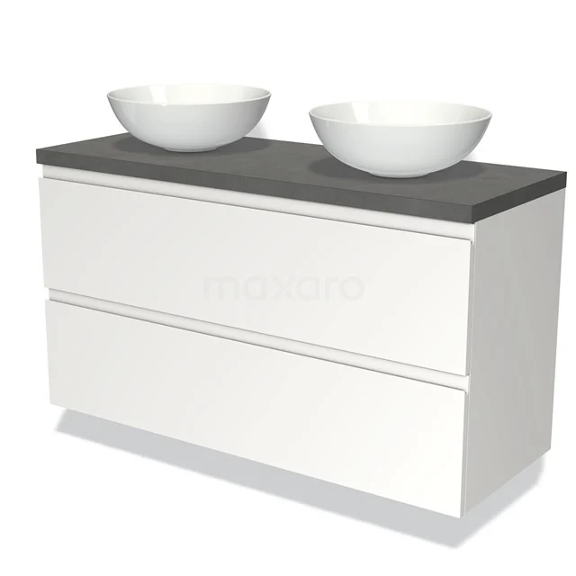 Witte badkamermeubelset met donkergrijze wastafel en dubbele ronde waskommen, modern design met twee lades.
