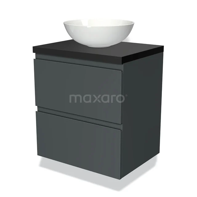 Dunkelgraues Badmöbel mit schalenförmigem Waschbecken, sanft schließenden Schubladen, ideal für moderne Badezimmerstil.