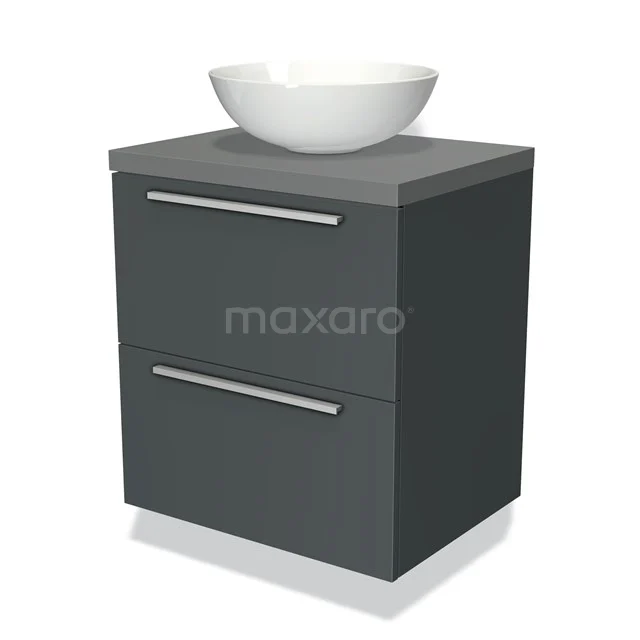Grijze badkamermeubelset met keramische witte waskom en twee softclose lades, modern design.