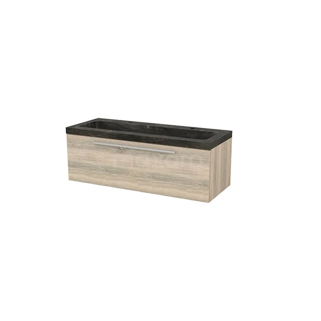 Modulo+ Bathroom furniture with sink | 120 cm Oak Flat front Natural stone 1 drawer BMP002227 Wooden bathroom cabinet with black basin worktop, modern look, space-saving design, ideal for stylish bathroom decor.
