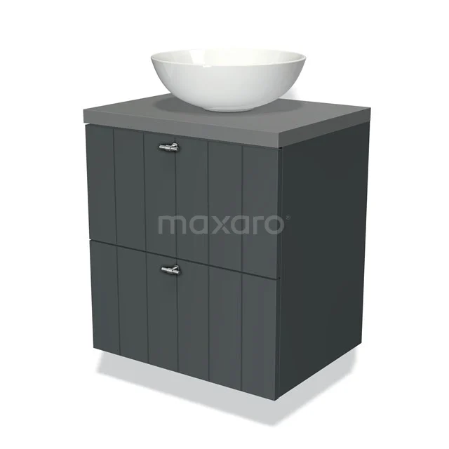 Graue Badmöbelset mit zwei Schubladen und einem weißen runden Aufsatzwaschbecken; modernes Design aus Holz und Keramik.