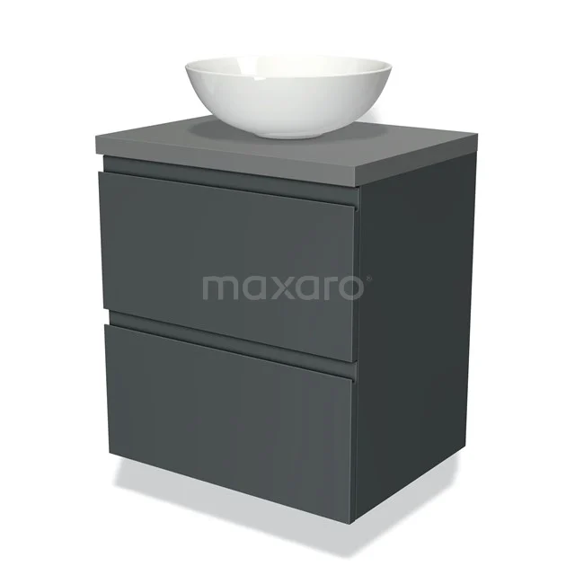 Badmöbel für Aufsatzwaschbecken 60cm Modulo Plato Dunkelgrau 2 Schubladen Grifflos Mittelgrau Platte BMK17-00770 Dunkelgraue Badmöbelset mit zwei Schubladen, mattem Finish und weißem rundem Waschbecken; modernes und kompaktes Design.