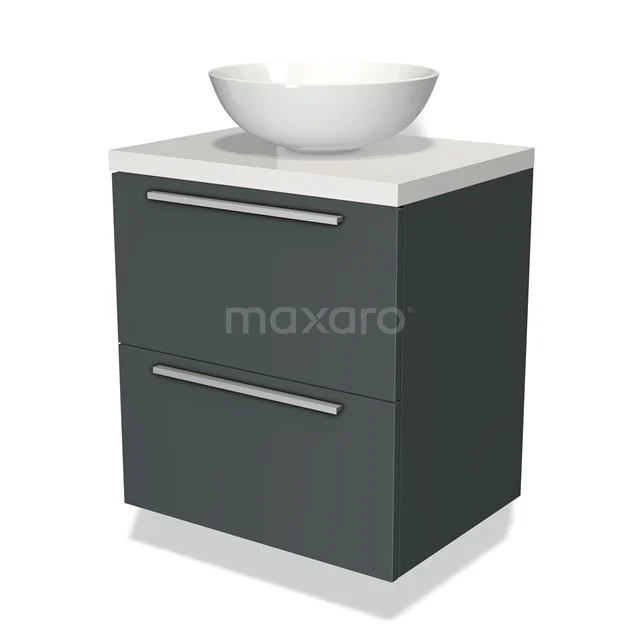 Antraciet badkamermeubel met witte waskom, compact design, twee lades en chromen handgrepen, modern en strak.