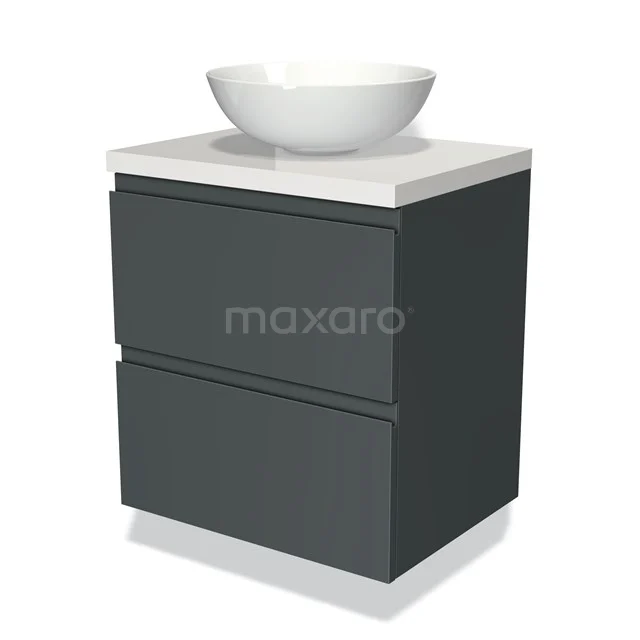 Badmöbel für Waschtischunterschrank mit Konsole 60cm Modulo Plato Dunkelgrau 2 Schubladen Grifflos Hochglanz Weiß Platte BMK17-00773 Dunkelgrauer Badschrank mit einem weißen Aufsatzwaschbecken, zwei Schubladen und einem modernen Design, ideal für kompakte Badezimmer.