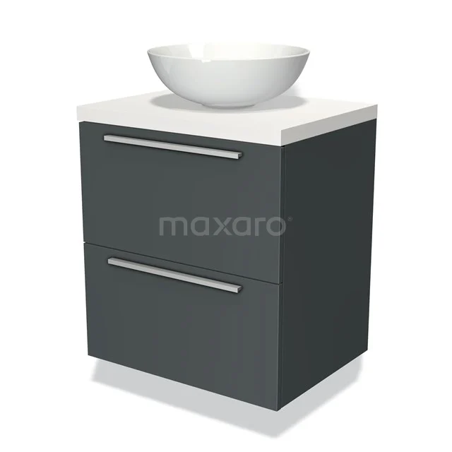 Dunkelgraue Badmöbelset mit zwei Schubladen und einem weißen Keramikwaschbecken, ideal für einen modernen Badezimmerstil.