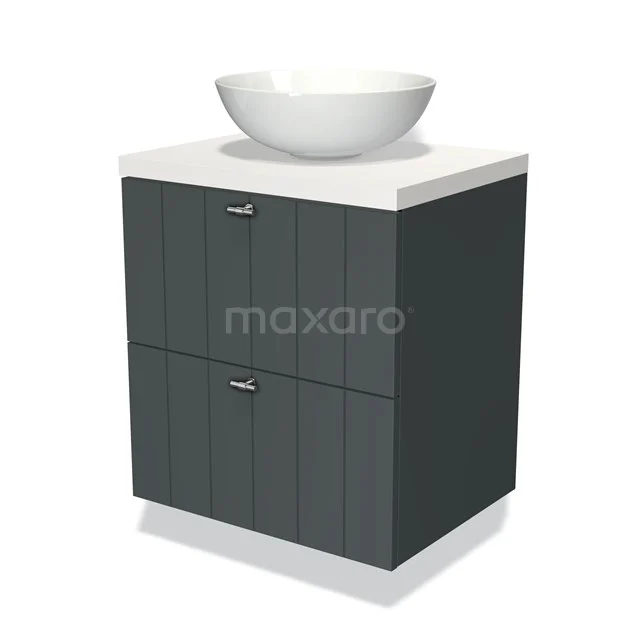 Dark grey bathroom unit with wood look, white countertop wash basin and two handleless drawers, modern and compact design.
