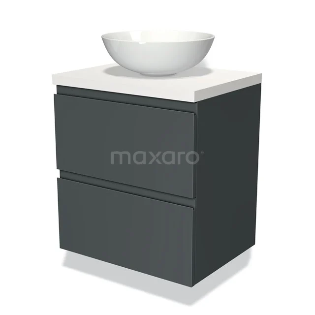 Dark grey Bathroom unit with white ceramic countertop wash basin, clean lines and 2 soft-close drawers, ideal for modern bathrooms.