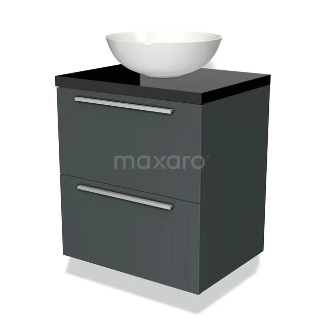 Modulo Plato Badmöbel mit Aufsatzwaschbecken | 60 cm Dunkelgrau Flach front Hochglanz Schwarz blatt 2 übereinanderliegende Schubladen BMK17-00777 Dunkelgraue Badmöbelset mit glänzender Platte, minimalistisches Design und runder weißer Waschbecken; ideal für moderne Bäder.