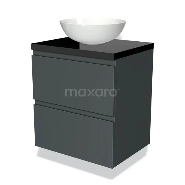 Modulo Plato Vanity units for countertop basin | 60 cm Dark grey Handle-less front High-gloss black worktop 2 Stacked drawers BMK17-00779 Dark grey bathroom furniture set with glossy black worktop and round white basin, ideal for a modern bathroom style.