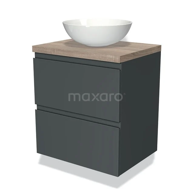 Grey bathroom furniture set with wooden worktop and white countertop wash basin, modern design, ideal for stylish bathroom decor.