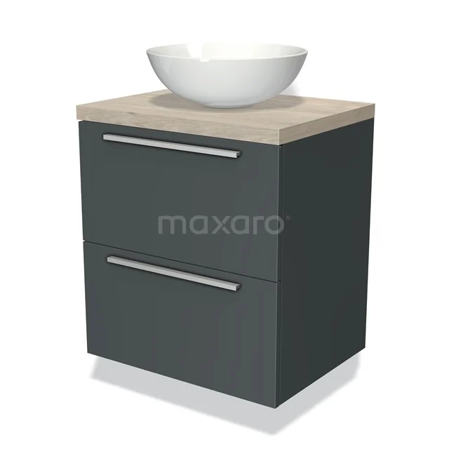 Dark grey Bathroom unit with wood-look worktop and white ceramic countertop wash basin, modern design and two drawers for storage space.