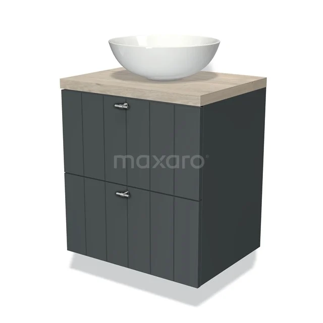 Kompakte Badmöbel mit grauem Schrank, Holzlook Platte und weißem Aufsatzwaschbecken; stilvolles Design für ein modernes Badezimmer.