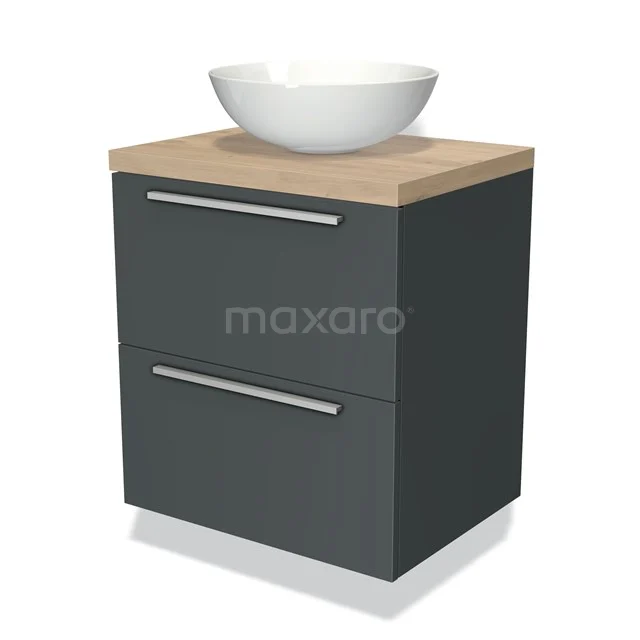 Grey bathroom unit with wood-look worktop and white round countertop wash basin, modern style, ideal for compact bathroom design.