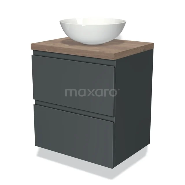 Dunkelgraue Badmöbel mit Holzplatte und weißem rundem Waschbecken, modernes Design mit zwei Schubladen.