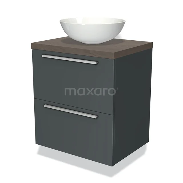 Graue Badmöbelset mit Holzplatte und weißem schalenförmigen Aufsatzwaschbecken, ideal für moderne Badezimmergestaltung.