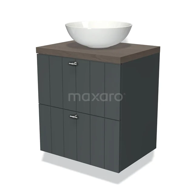 Grey bathroom unit with wood-look worktop, ceramic bowl-shaped basin and stripe detail on cabinet doors, modern and stylish.