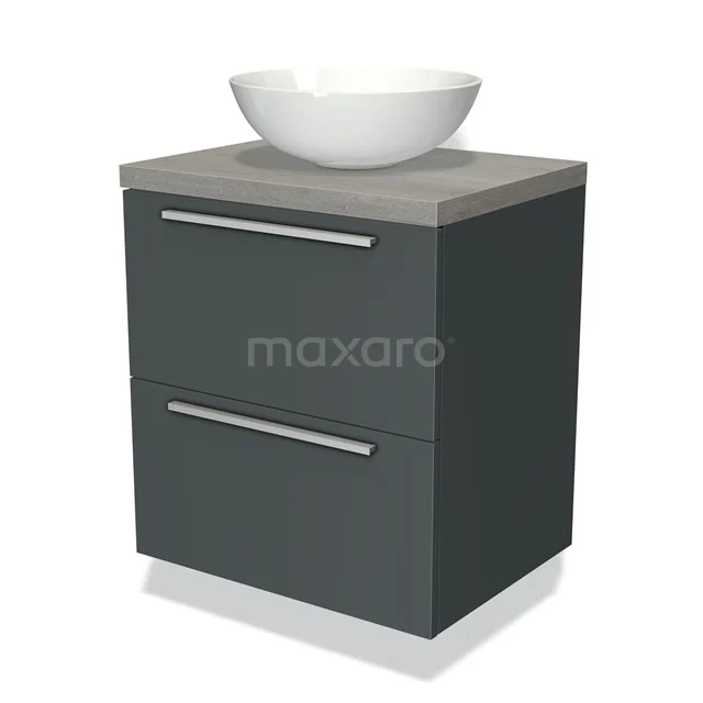 Graue Badmöbelset mit keramischem Waschbecken, zwei Schubladen und Holzoptik-Platte, modernes Design.