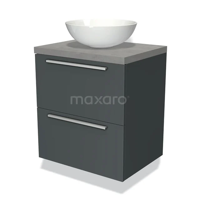 Dark grey bathroom furniture set with drawers, modern design, two drawers and ceramic countertop wash basin; ideal for stylish bathrooms.