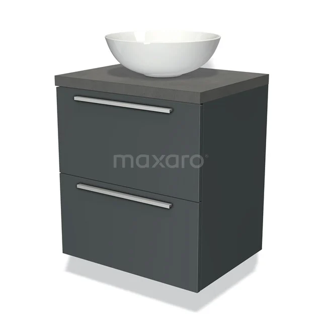 Dunkelgrauer Badschrank mit zwei Schubladen, keramischem Aufsatzwaschbecken und modernem Design, perfekt für eine luxuriöse Badezimmer Einrichtung.