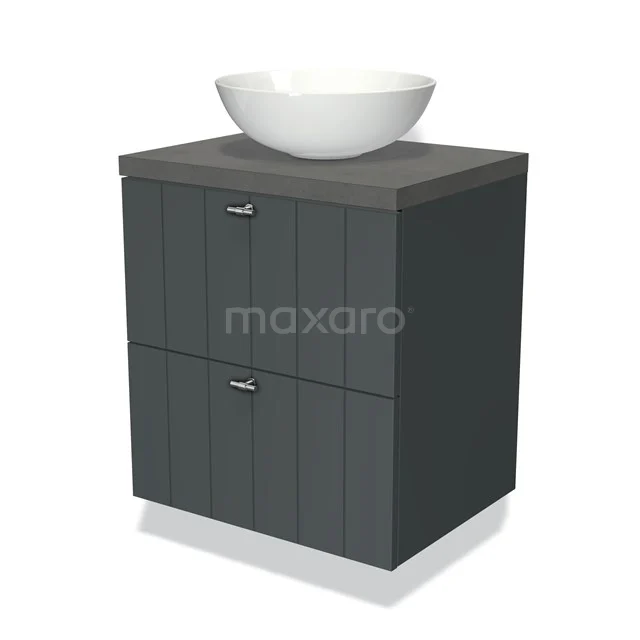 Dark grey bathroom furniture set with wood grain structure, modern countertop wash basin and two drawers, ideal for stylish bathroom fittings.