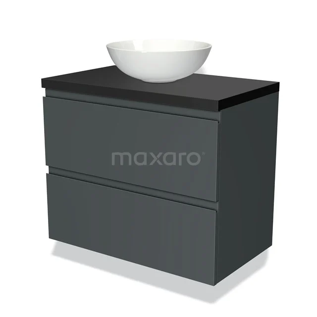 Dark grey bathroom furniture set with black worktop and white bowl-shaped basin, modern design and sleek finish.