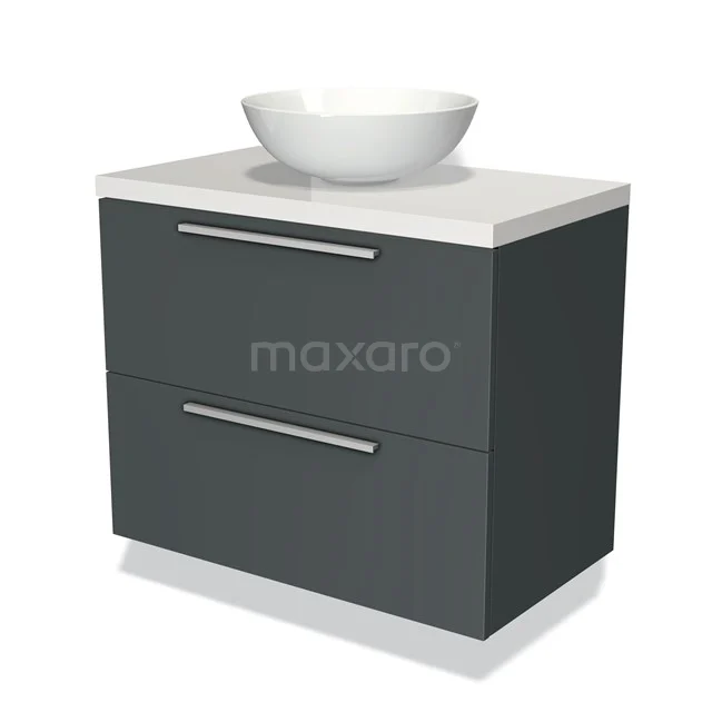 Grey bathroom unit with two drawers, modern design, including white countertop wash basin; ideal for a stylish bathroom.