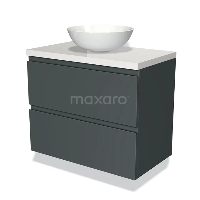 Grey bathroom unit with two drawers and a round white surface-mounted basin, modern design and durable materials.