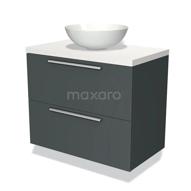 Dark grey bathroom unit with two drawers, white ceramic countertop basin and sleek design, perfect for modern bathrooms.