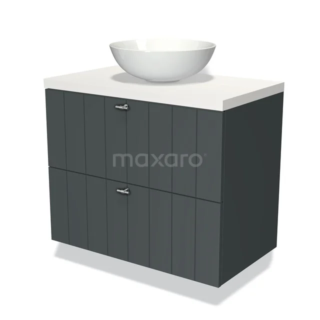 Modulo Plato Vanity units for countertop basin | 80 cm Dark grey Slat front Matte white worktop 2 Stacked drawers BMK17-00814 Grey vanity set with white ceramic countertop wash basin, modern wood look and soft-close drawers, ideal for a stylish bathroom.