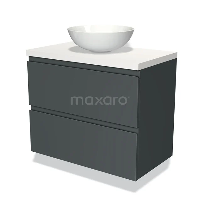 Grey bathroom furniture set with two drawers, ceramic countertop basin and matte white top, modern and compact design.