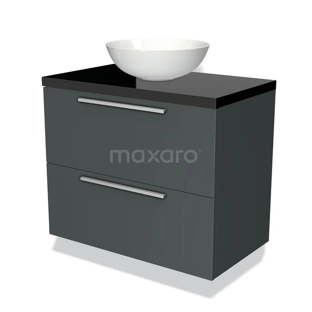 Modern grey vanity unit with black worktop and white countertop wash basin, ideal for stylish bathroom design.