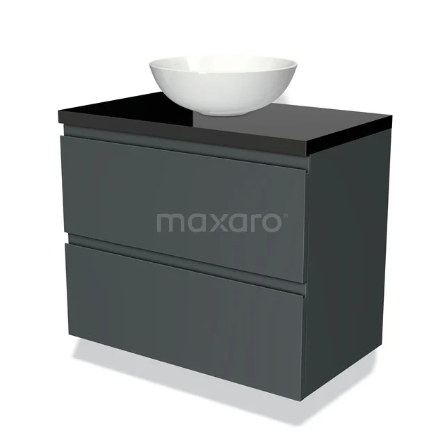 Badmöbel für Aufsatzwaschbecken 80cm Modulo Plato Dunkelgrau 2 Schubladen Grifflos Hochglanz Schwarz Platte BMK17-00818 Graue Badmöbelset mit schwarzer Platte und weißem Aufsatzwaschbecken, modernes Design, ideal für eine stilvolle Badezimmergestaltung.