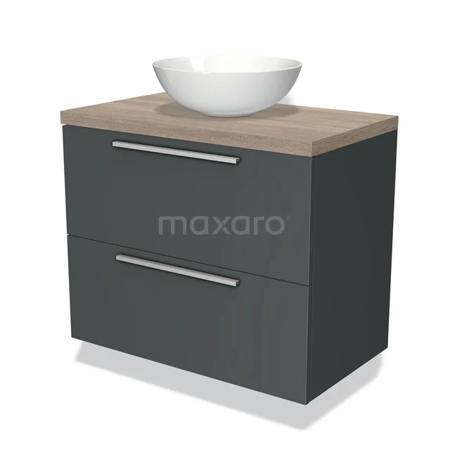 Anthracite-grey bathroom unit with wood-look worktop, ceramic vanity units with basin and two drawers with metal handles.
